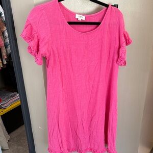 Umgee Bright Pink Short Sleeve Ruffle Trim Tunic
